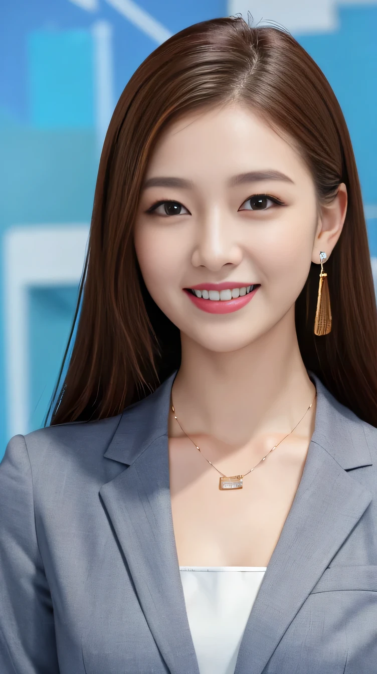 Highest quality:1.2), RAW Photos, High resolution, Very detailed, Intricate details, 、、ear piercing、smile、Beautiful teeth alignment、Brown Hair、Clear beauty,(High quality fabric, Office Lady Suits )、Necklace around the neck、, The background is the office