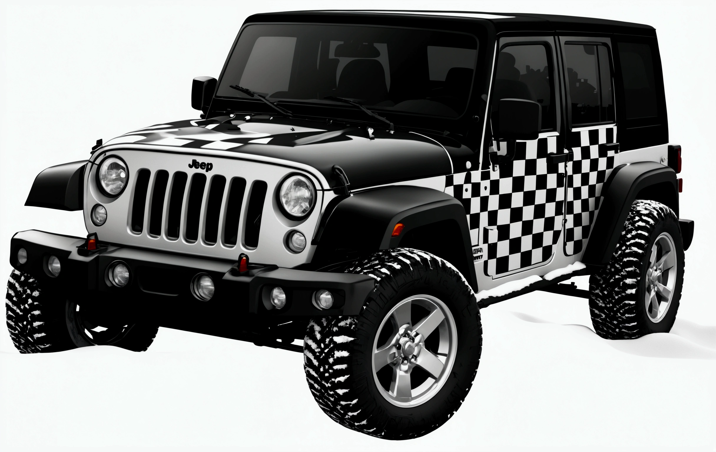 A black and white checkered jeep, carrying a Christmas tree, snow-covered winter landscape, evergreen forest, low angle view, cinematic lighting, moody atmosphere, dramatic shadows, high contrast, monochrome palette, realistic 3D rendering, (best quality,4k,8k,highres,masterpiece:1.2),ultra-detailed,(realistic,photorealistic,photo-realistic:1.37)