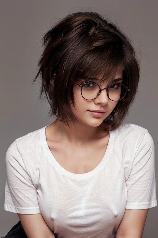 B&W photo, masterpiece, Humanity, Charming chubby Russian fashion model 22 years old with aesthetic small breasts, round face, round cheeks, round chin, beautiful proportional small wide nose, dark brown eyes, long eyelashes, Sarcastic Look, glasses with lenses, plump sensual lips, ironic one-sided half-smile, very tousled dark brown tousled short hair, spiky tousled hair, plain white oversized cotton t-shirt, gray background Portrait-Medium plan
