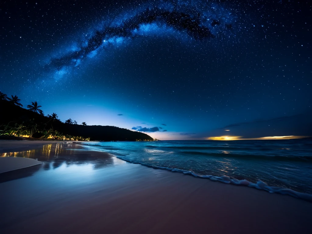 (masterpiece:1.2,Highest quality),Tropical Beach,night,Shooting with a wide-angle prime lens,Starry Sky,,8k resolution Shining Star beautiful sea
