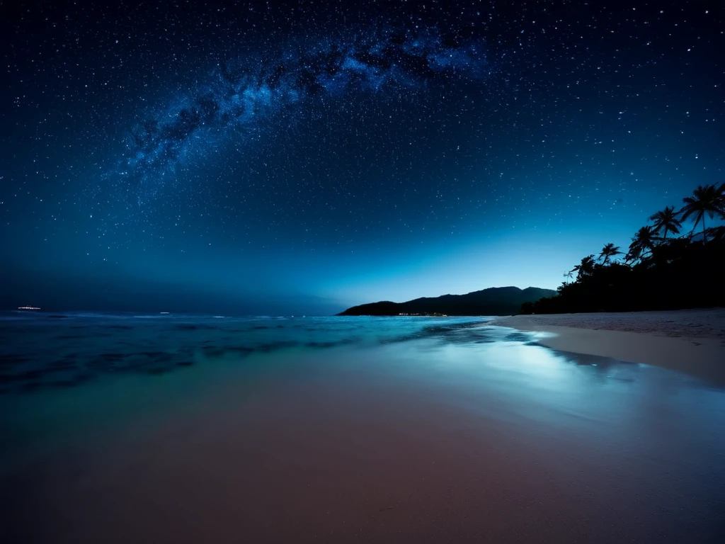 (masterpiece:1.2,Highest quality),Tropical Beach,night,Shooting with a wide-angle prime lens,Starry Sky,,8k resolution Shining Star beautiful sea