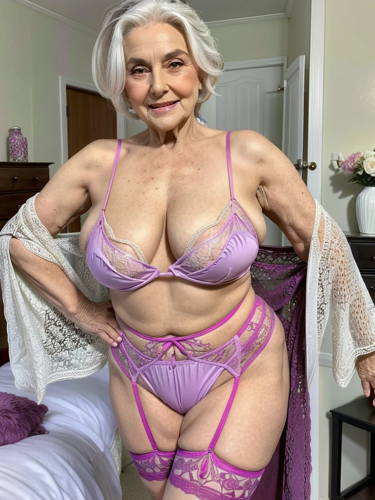 Mature old woman 80 years with white hair, fat, plus size, old face and body with many wrinkles, loose skin, standing at bedroom posing sexy for photo, old lady She wearing purple lingerie, pink fur bra and black lace stockings, side view. jaw dropping mature older beauty, old face and body with wrinkles, old face, full visible legs, smiling, attractive grandma, a gorgeous old hair, beautiful old grandma, lovely older mature grandma, gorgeous beautiful grandma over 80 years old, beautiful white hair grandma, beautiful detailed body and face, a beautiful old granny