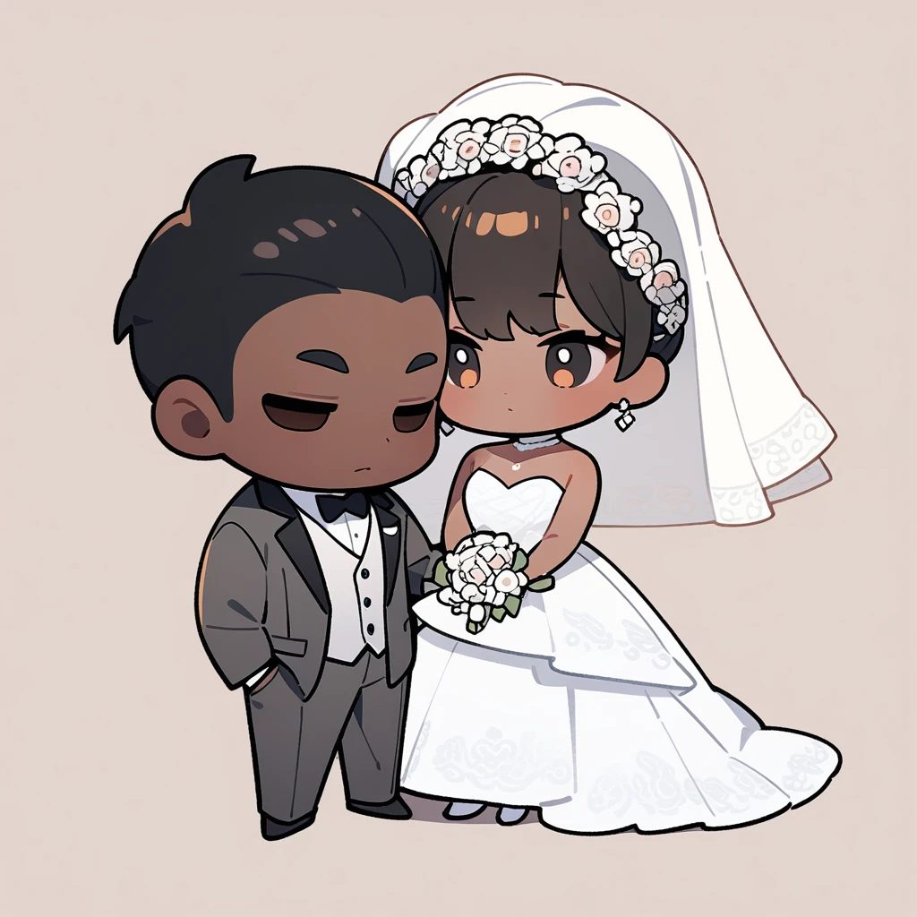 chibi style,Lovely,masterpiece, best quality, 8k, Couple(One man and one woman),man(Brown skin,Indian)Suit,woman(Black Hair,Fair)Wedding dress,Clean background