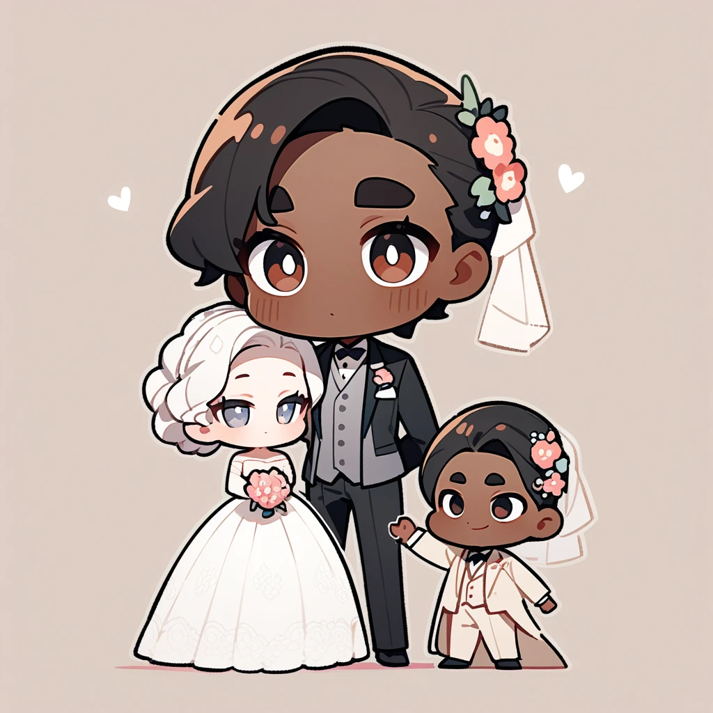 chibi style,Lovely,masterpiece, best quality, 8k, Couple(One man and one woman),man(Brown skin,Indian)Suit,woman(Black Hair,Fair)Wedding dress,Clean background