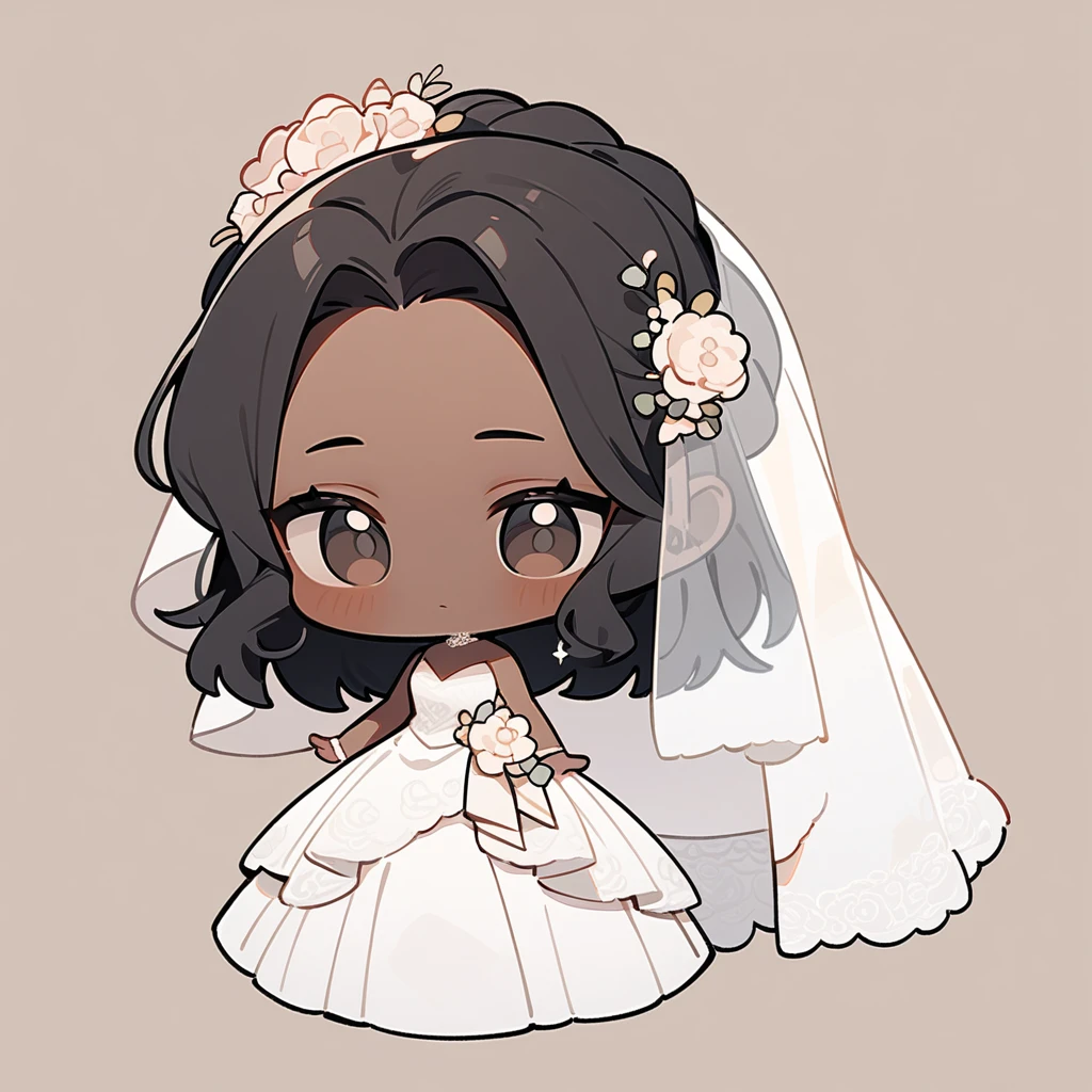 chibi style,Lovely,masterpiece, best quality, 8k, Couple(One man and one woman),man(Brown skin,Indian)Suit,woman(Black Hair,Fair)Wedding dress,Clean background
