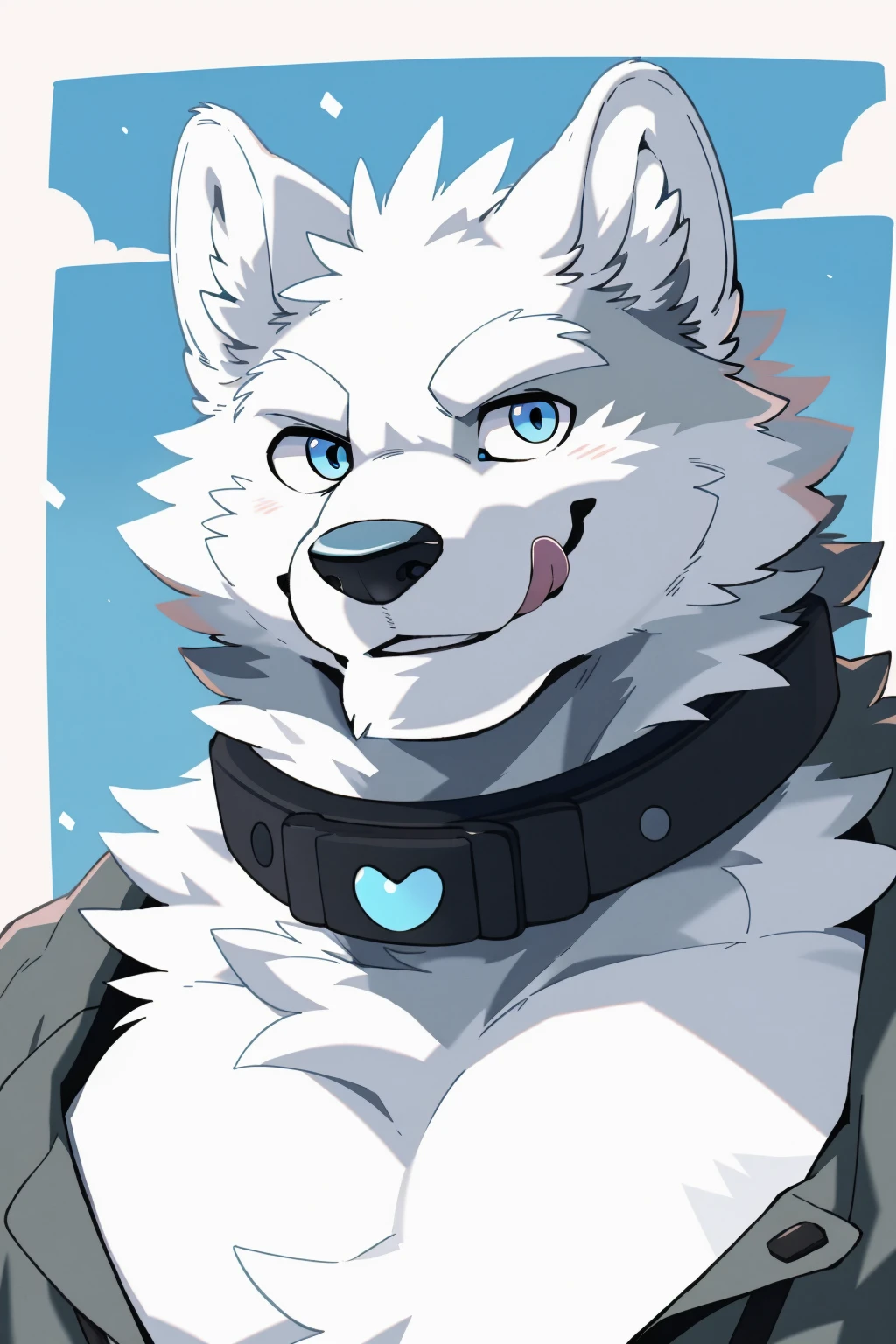 (snow wolf), Anthropomorphic white wolf, solo, (Pure white face), (all white fur:1.5), (Collar), (Perfect blue eyes:1.4), （artist:Takemoto Arashi）, twitchemote, Mature face, elder, Clear facial details, glint, Side of the character, Look at the camera, longeyelashes, fang, seductive smile, White shirt, Exposing the chest, licking lips, ((Show upper body)), ((bust)), Full body portrait, Tonalism, head out of frame, outside border, tachi-e, high details