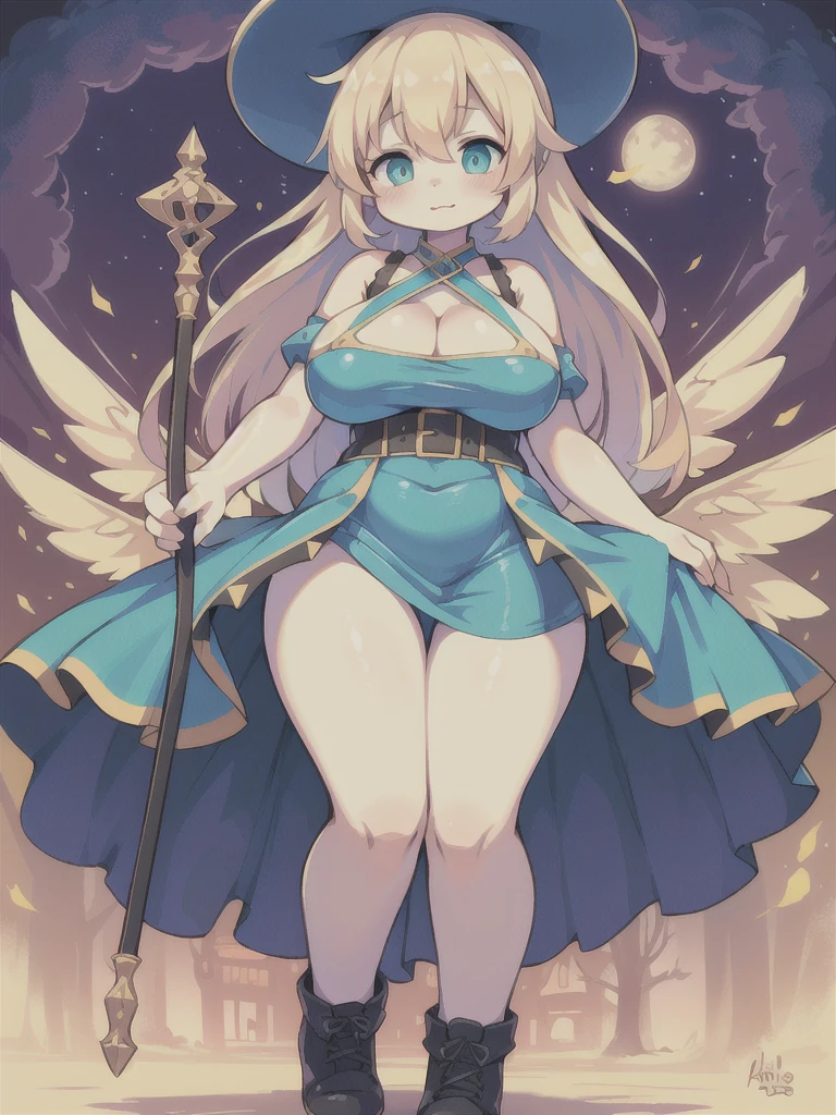 Highest quality, 8k, (One girl:1.3),(((Big Tits:1.1))), (Colorful illustrations:1.4), (masterpiece, Highest quality, Highest quality, Official Art), Very detailed, Most detailed, (Super detailed), ((Very delicate and beautiful)), Mini dress, ((Shoulder straps)), Wizard, Carrying a walking stick