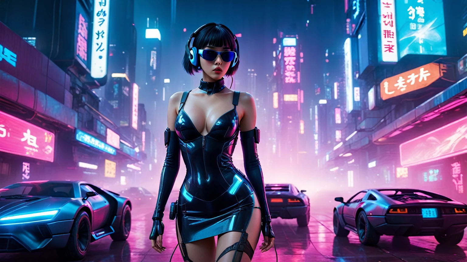 at night, A vast cyberpunk landscape set in Korea with ((flying cars)) and neon lights, in shades of pink, blue and red, in the style of Blade Runner and Ghost In The Shell. (((((1girl, solo, alone))))), large-breast:1.2 slim body, cleavage:1.1, sexy miniskirt, (((headphone, black sunglasses, standing and holding pistol pose))), (((half-body thigh level medium shot))), cinematic lighting, lens flare, ray tracing.