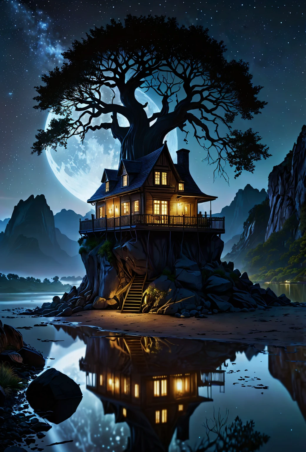 nighttime scene of a house on a rock with a tree in the foreground, 4k highly detailed digital art, fantasy house, calm night. digital illustration, realistic fantasy illustration, 4k detailed digital art, realistic fantasy render, stylized digital illustration, cyberpunk tree house, magical realism style, highly detailed digital artwork, digital painting highly detailed, whimsical fantasy landscape art