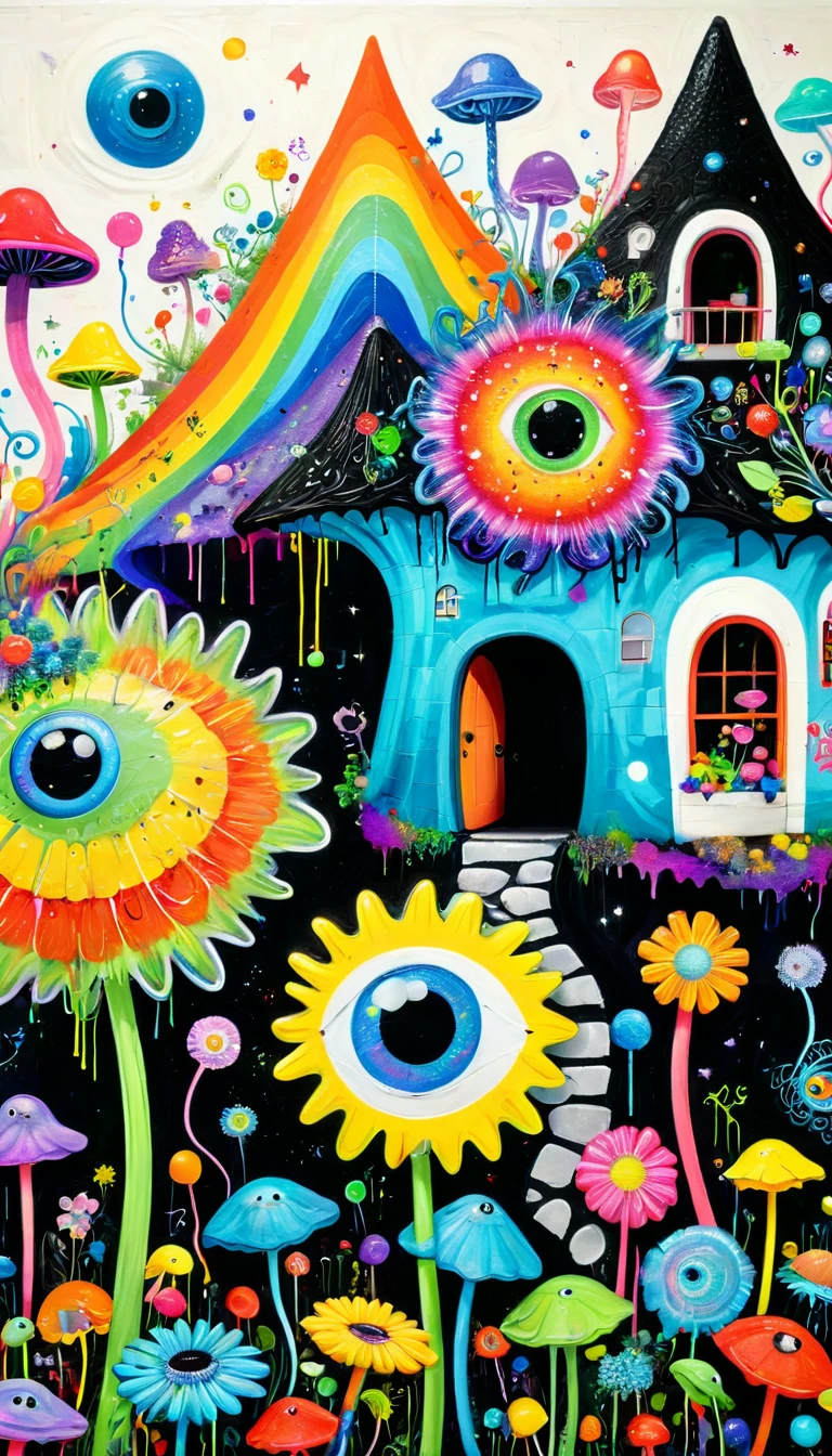 Children's graffiti,Thick coating,Concave and convex texture,Oil pastel strokes:Colorful black,Dopamine color matching,Rainbow lollipops、house、flowesh、Tentacles、bird、(((Eye)))、diatom,Abstract mosaic painting,Describing the inner world of autistic people,Sense of space,White Space,interesting,Innocence,Psychedelic Art,