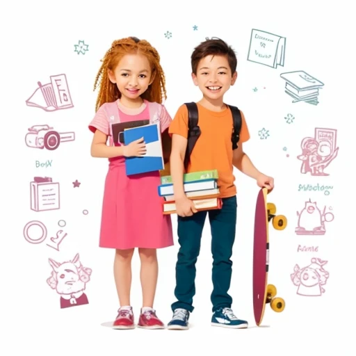 a couple of people with books and skateboards standing next to each other, cartoon style illustration, colorful kids book illustration, boy and girl are the focus, boy and girl, college students, textbook illustration in clolour, student, detailed school background, flat illustration, colored illustration, children illustration, detailed characters, red haired  boy, kids book illustration, colorful illustration