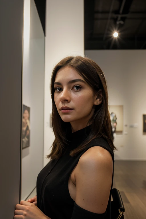 realistic woman, pretty,in a modern museum, focus lights on your face