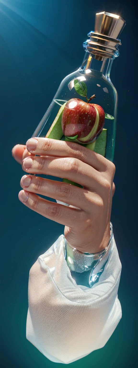 TA hand holding a green and red apple-shaped object with a bite taken out of it, smooth 3d model, glossy plastic texture, multiple light sources, rim light, sharp post effects render, most beautiful vfx, , realistic, 4k, high resolution, rim light, smooth 3d model. , glossy texture, smooth 3d model, multiple light sources, rim light, sharp post effects render, (glossy plastic texture with multiple big light probe refractions), perfect cgi, reflective, best quality, 4k, masterpiece:1.2, ultra-detailed, realistic, vivid colors, The image of the highest quality, ensuring every detail showcased perfectly. It in 4k resolution, allowing viewers to immerse themselves in the richness of the colors and intricate details. The realistic rendering. under the spotlight, reflecting, high-resolution image, realistic rendering