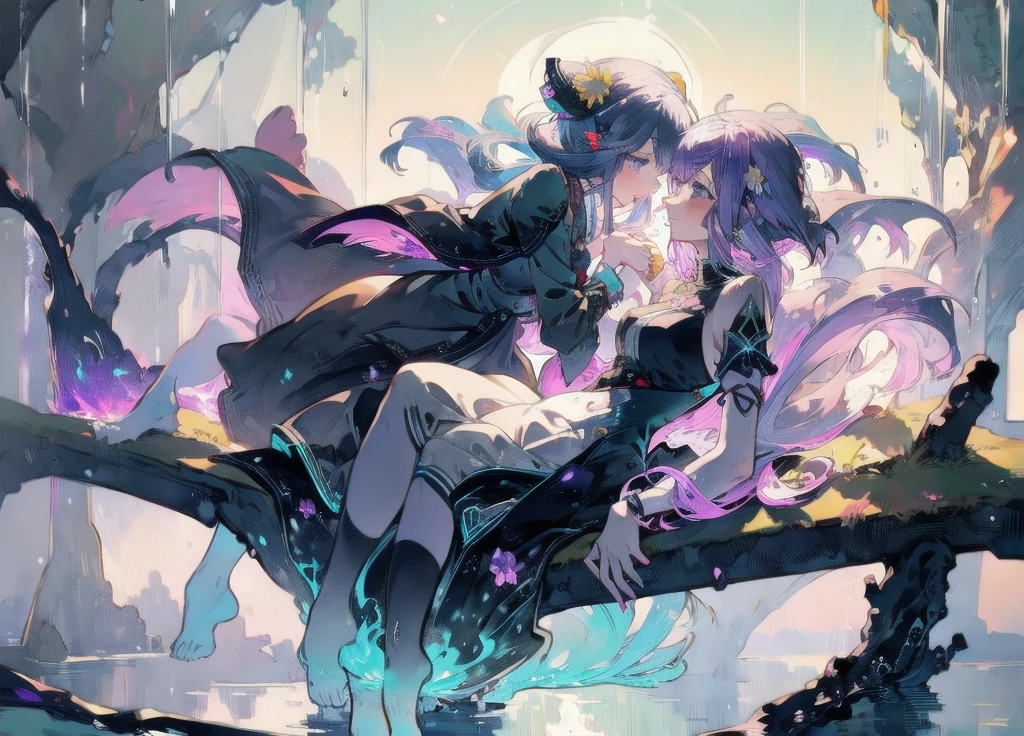 Two girls touching lips,A girl with purple hair,Transparent purple eyes,Another girl with yellow hair,Clear blue eyes,Medieval Lolita Style Clothing,Sit and hug,Look at each other affectionately,Cool,Violet,iris,Sunshine,Surrounded by greenery,Transparent stream flowing,Tyndall effect,Light up the fire,starlight:1.8,Clear shape,Detailed description of appearance:Perfect beautiful clear appearance,Normal human body,Transparent colors,Transparent green,Light color strokes,{{{Transparent color:3.3}}}softbrush:1.8,Transparent character details,Perfect light color,pure,Transparent colors,greenish blue,suspended congress, face focus, standing, hug, leg lock, breast press,straddling,arms around neck, lifting person
