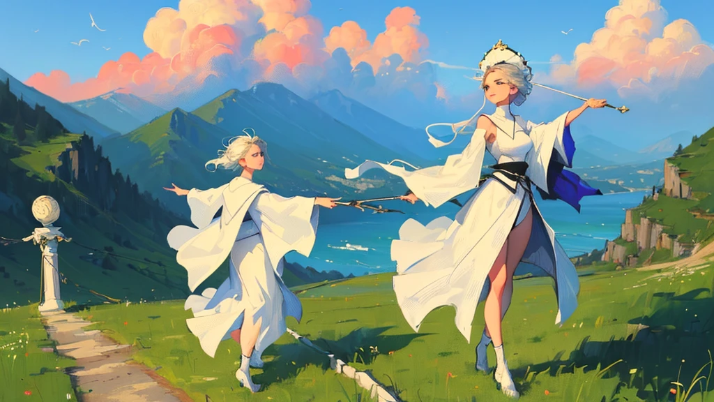 (masterpiece, top-quality, Official art, Beautifully Aesthetic:1.2), (1girl in), highly detailed, Enchantress casting tempest when floating above ground, arms raised, figure leaned back mountain background, focused, nice shaped large breast, Soft expression; full body, long white robe