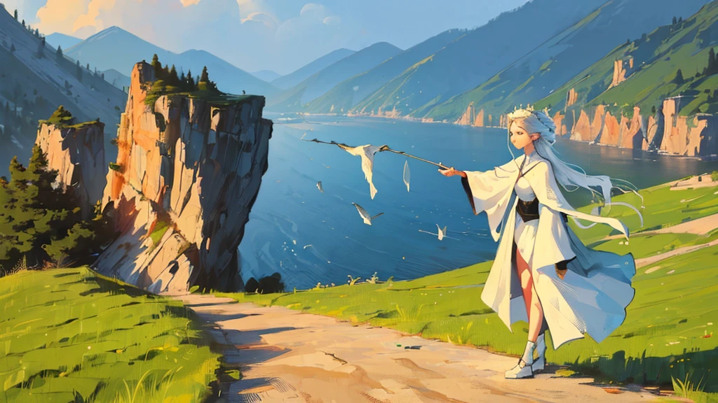 (masterpiece, top-quality, Official art, Beautifully Aesthetic:1.2), (1girl in), highly detailed, Enchantress casting tempest when floating above ground, arms raised, figure leaned back mountain background, focused, nice shaped large breast, Soft expression; full body, long white robe