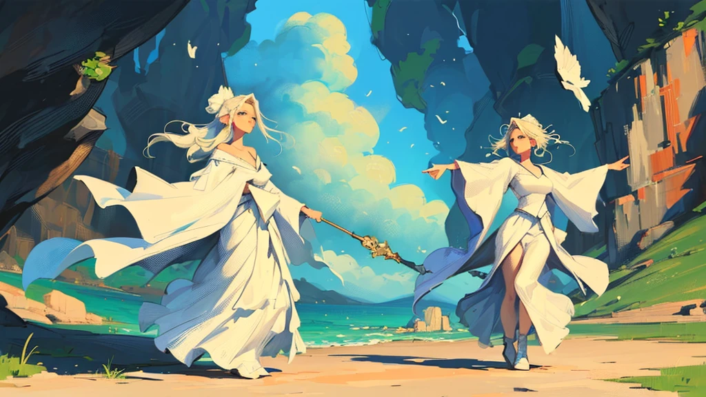 (masterpiece, top-quality, Official art, Beautifully Aesthetic:1.2), (1girl in), highly detailed, Enchantress casting tempest when floating above ground, arms raised, figure leaned back mountain background, focused, nice shaped large breast, Soft expression; full body, long white robe