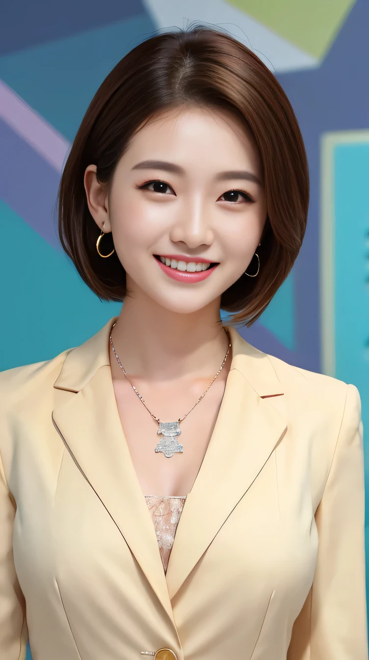 Highest quality:1.2), RAW Photos, High resolution, Very detailed, Intricate details, 、、ear piercing、hairstyle semi long、smile、Beautiful teeth alignment、Brown Hair、Clear beauty,(High quality fabric, Office Lady Suits )、Necklace around the neck、, The background is the office