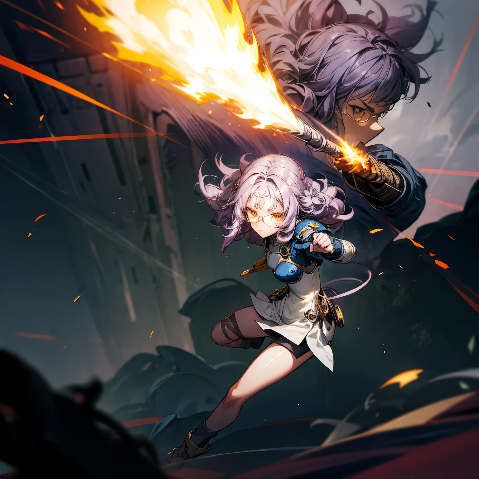 1tall girl, 1character, gold eyes, long Curly haircut, lavender color hair, army style clothing, white glasses, Long socks, boots army,  full iron armor, bandage on hand, Grassroots, background in top of the building, motion blur, (one piece style art), Big robot gun in hand, smoke effect, aura effect, Fire, lighting fire, plasma effect, fire city, (half body view version, angry eyes)