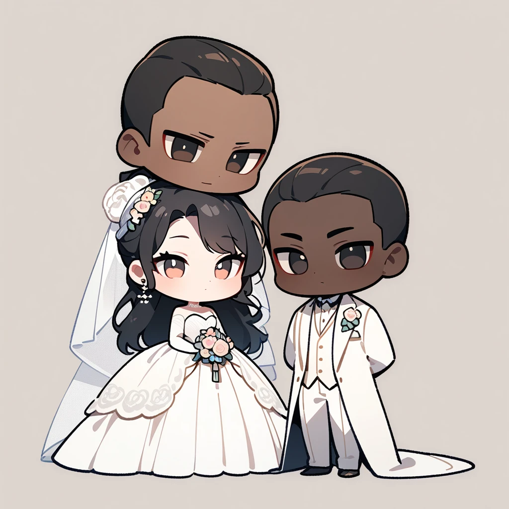 chibi style，Lovely，masterpiece, best quality, 8k, Couple（One man and one woman），man（Brown skin，Indian）Suit，woman（Black Hair，Fair）Wedding dress，Clean background