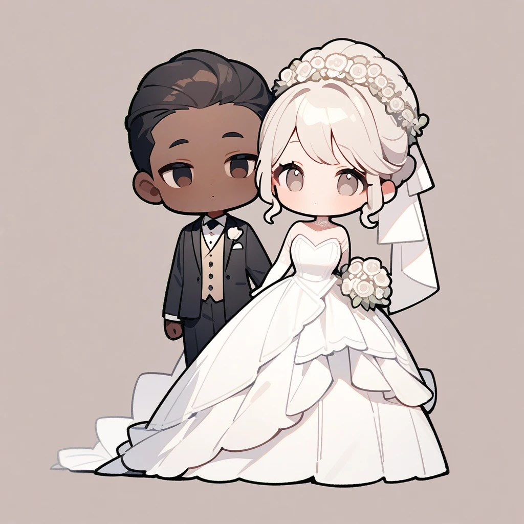 chibi style,Lovely,masterpiece, best quality, 8k, Couple(One man and one woman),man(Brown skin,Indian)Suit,woman(Black Hair,Fair)Wedding dress,Clean background