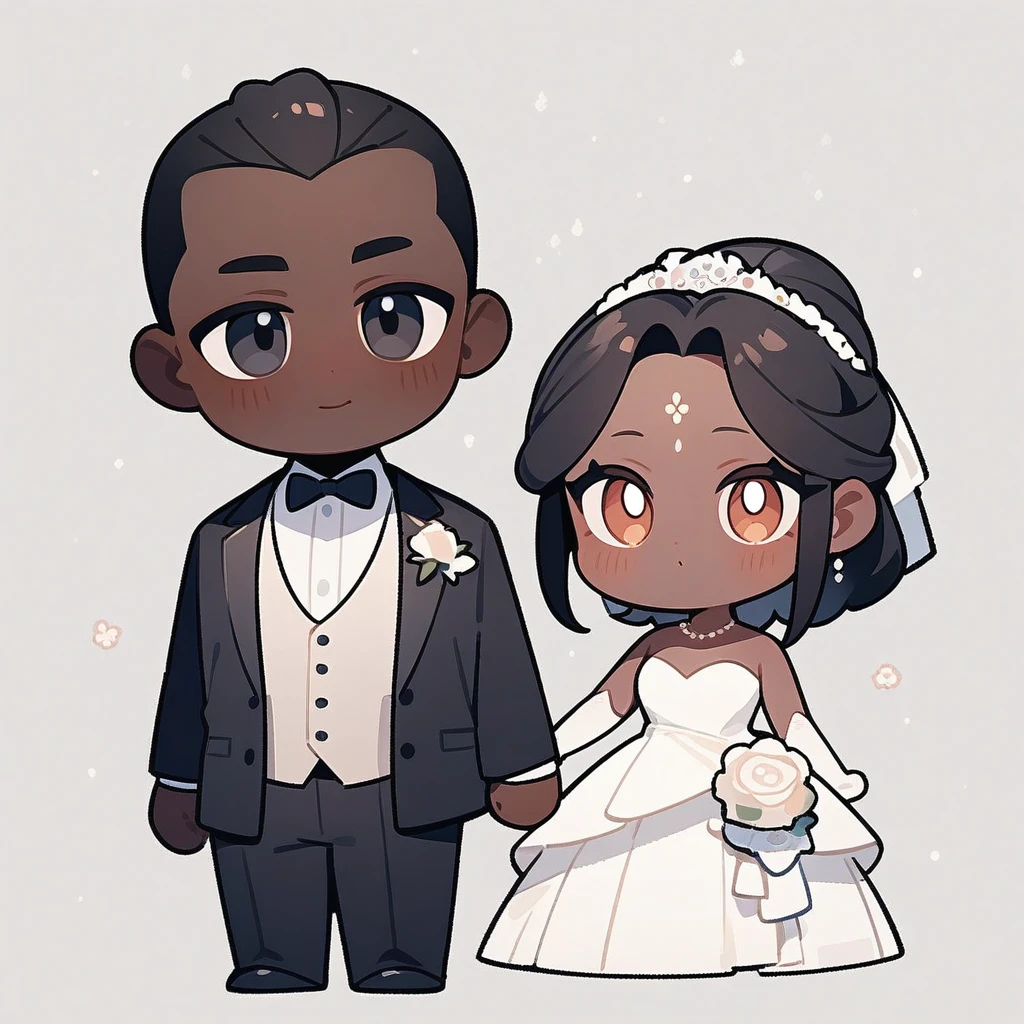 chibi style,Lovely,masterpiece, best quality, 8k, Couple(One man and one woman),man(Brown skin,Indian)Suit,woman(Black Hair,Fair)Wedding dress,Clean background