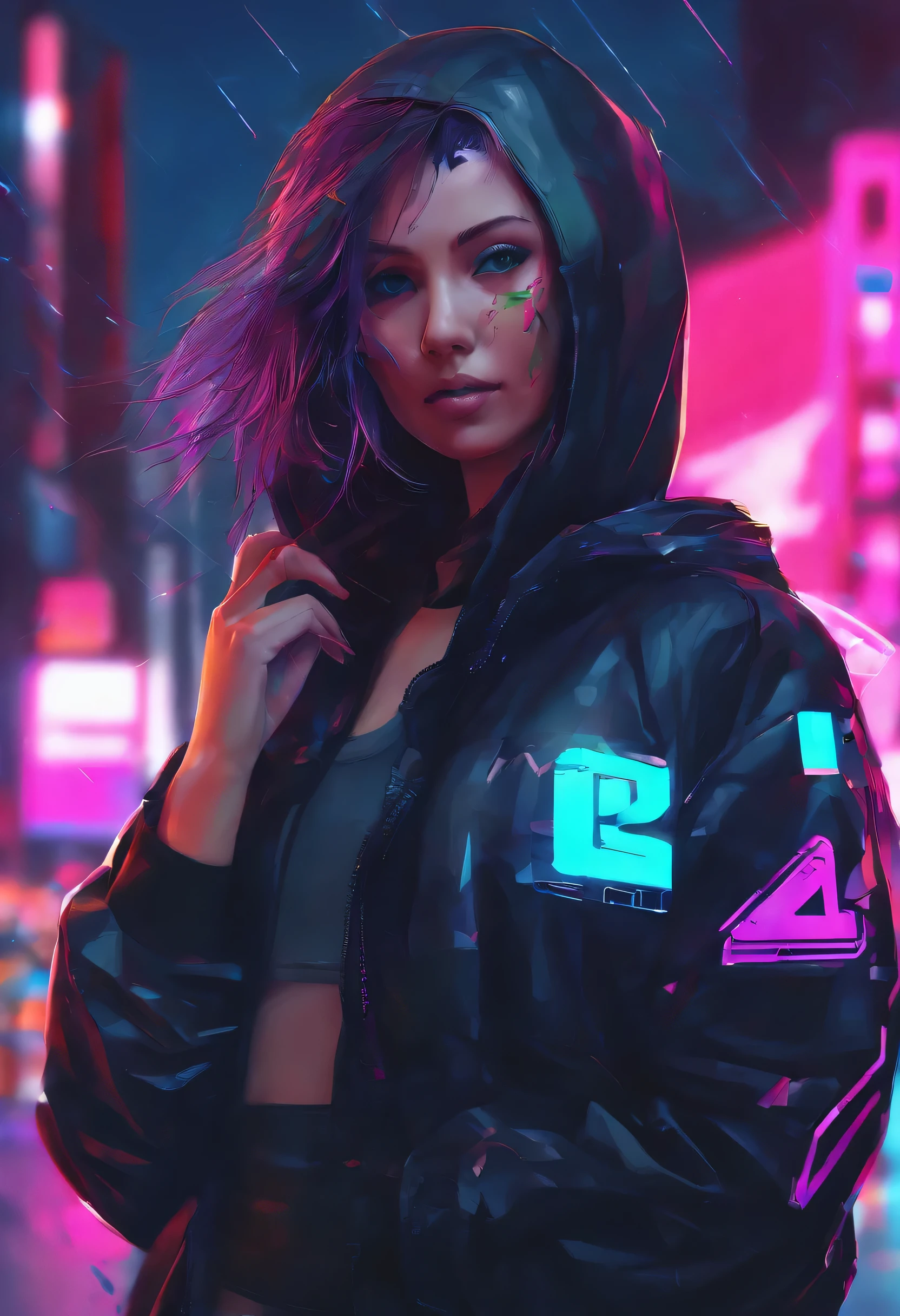 (tmasterpiece, top-quality, Best quality at best, offcial art,4K:1.2), 1girl,Wearing a cyberpunk sweatshirt,Cyberpunk style jacket,hooded,cyberpunk helmet,Now on the streets,staredown,dynamicposes,