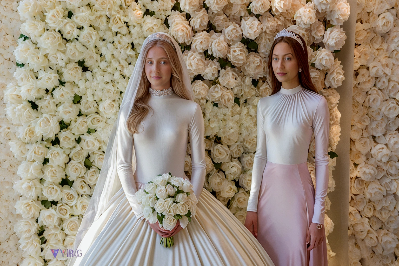 a hyper realistic photo of two girl friends. The person with blonde hair should be wearing a long sleeve, high neckline, white, ball style, bridal gown and a tiara and white veil. She should be holding a bouquet of white roses. The person with brown hair should be wearing a light pink, long, long sleeve high neckline dress. They should be standing in front of a wall of white flowers. They should be posed with one arm around the other persons shoulder., photo
