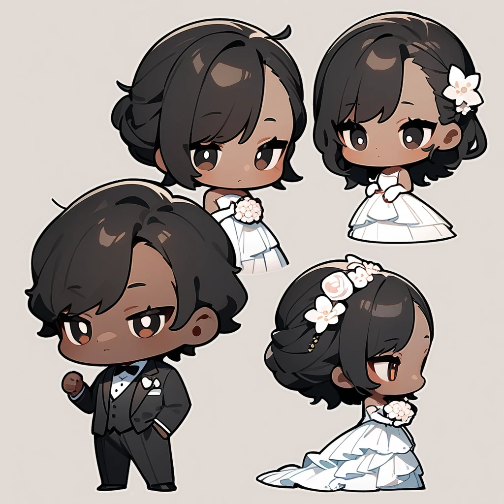 chibi style,Lovely,masterpiece, best quality, 8k, Couple(One man and one woman),man(Brown skin,Indian)Suit,woman(Black Hair,Fair)Wedding dress,Clean background