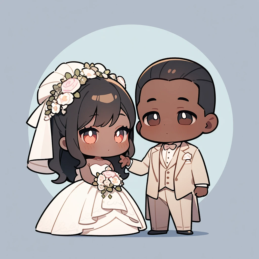 chibi style,Lovely,masterpiece, best quality, 8k, Couple(One man and one woman),man(Brown skin,Indian)Suit,woman(Black Hair,Fair)Wedding dress,Clean background