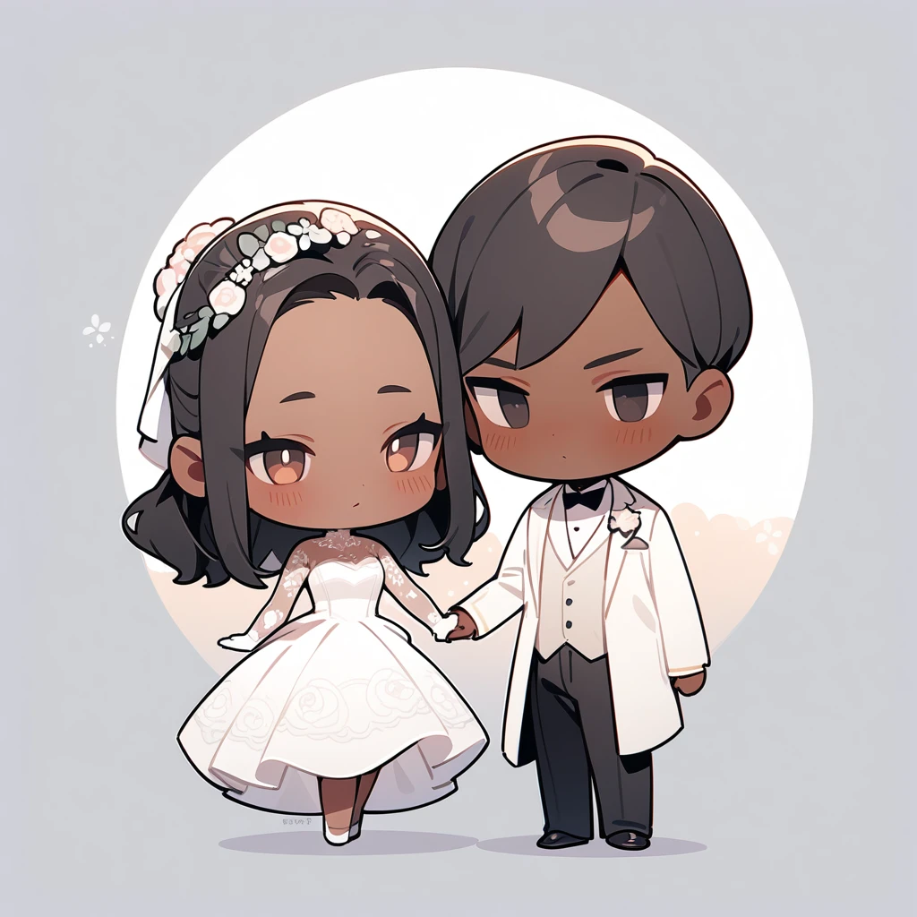 chibi style，Lovely，masterpiece, best quality, 8k, Couple（One man and one woman），man（Brown skin，Indian）Suit，woman（Black Hair，Fair）Wedding dress，Clean background