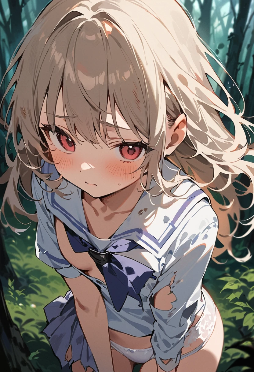 beautiful detailed girl,(masterpiece,best quality,extremely detailed:1.2),((cowboy shot:1.1)),(solo,,kawaii,slender,small breasts:1.25),(pained look:0.8),((white underwear:1.15) in (Torn school uniform):2),(dirty:2),blush,shy,weep,standing,(deep forest:1.5),(hug:0.4),rating: general, newest,Sexy face