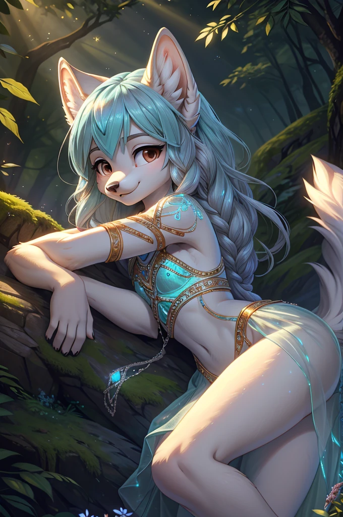 beautiful, (masterpiece), high quality, Highly detailed CG Unity 8k wallpaper, High resolution, perfect lighting, youthful, adolescent, slim, skinny, frail slender figure, slim legs, young, small, short, anthropomorphic furry wolf princess, narrow hips, long legs, thick, fluffy, fuzzy, soft, messy volumetric fur, midnight blue and silver fur, shimmering with starlight, deep brown eyes, long flowing silver hair with intricate braids, straight cut bangs, wearing intricate metal armour with turquoise gems, sheer white silk gown fitting to figure between armour plates, detailed close up embroidery, casual yet regal, dark thick defined eyebrows.

Head slightly tilted back, content smile, inviting and serene expression. Open mouth. Visible breath exhale, cold breath visible. Long fluffy tail. Hands between slender thighs, slim legs spread apart, submissive pose. Close low intimate angle. Detailed beautiful symmetrical face. 

Scene: laying on her back on the moss in an enchanted forest, ethereal glow illuminating her slender figure, creating a magical, romantic atmosphere.