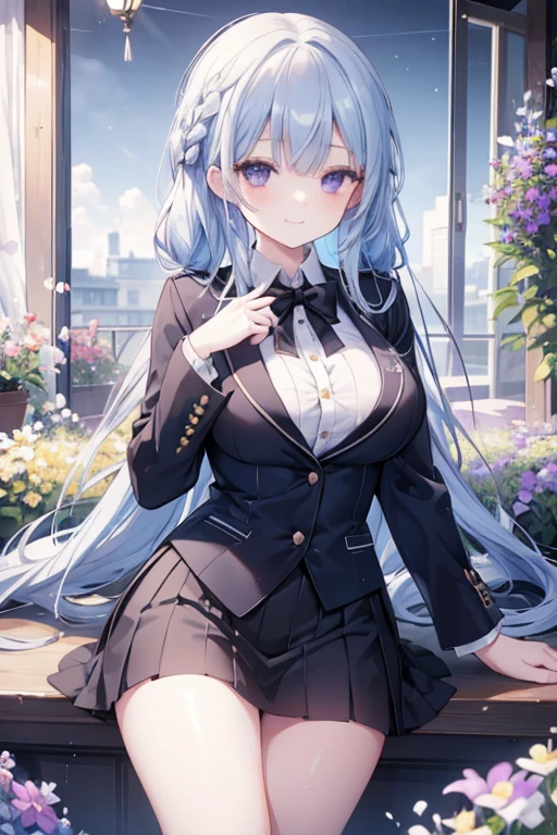 young girl, blue hair, purple eyes,beautiful and detailed eyes, big breasts, long hair,european braid hairstyles, happy smile, black shirt,white blazer, black mini skirt, (flower garden)