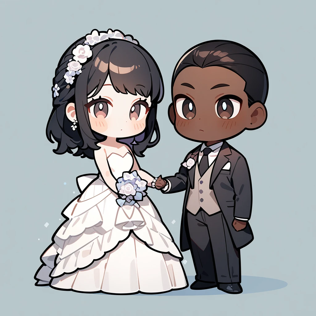 chibi style,Lovely,masterpiece, best quality, 8k, Couple(One man and one woman),man(Brown skin,Indian)Suit,woman(Black Hair)Wedding dress,Clean background