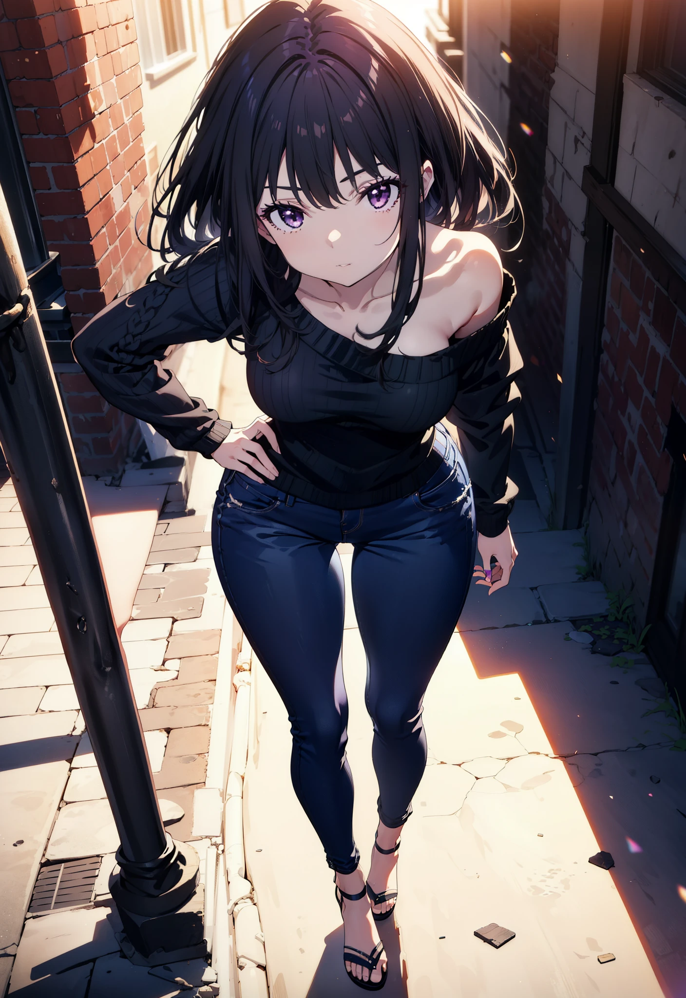 Takiuchikami, Long Hair, bangs, Black Hair, (Purple eyes:1.2),Baseball hats,Blue one-shoulder sweater,Skinny jeans,Stiletto heels,Place one hand on hip,Are standing,whole bodyがイラストに入るように,Daytime,
break outdoors, In town,
break looking at viewer, whole body,
break (masterpiece:1.2), Highest quality, High resolution, unity 8k wallpaper, (figure:0.8), (Beautiful attention to detail:1.6), Highly detailed face, Perfect lighting, Highly detailed CG, (Perfect hands, Perfect Anatomy),