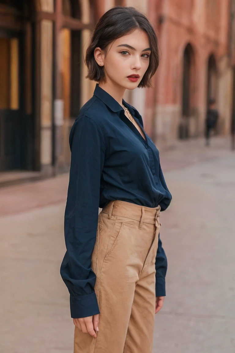 	
(masterpiece,best quality:1.2), high detailed,realistic,1girl, black eyes, blue shirt, blurry background, closed mouth, d3vac, full body, jewelry, lips, lipstick, looking at viewer, necklace, nose, realistic, solo, very short hair, 