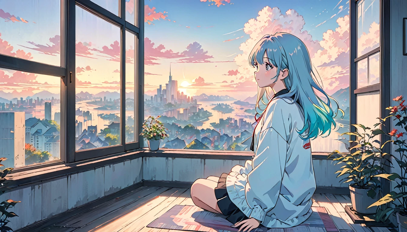 anime girl sitting on floor looking out window at city, anime aesthetic, anime vibes, Lofi Artstyle, Low-fi portrait by the wall, Watching the sunset. anime, Lofty Girl, anime art wallpaper 4 k, anime art wallpaper 4k, anime art wallpaper 8 k, anime background art, Lofi Color, Lofi Art, anime asthetic