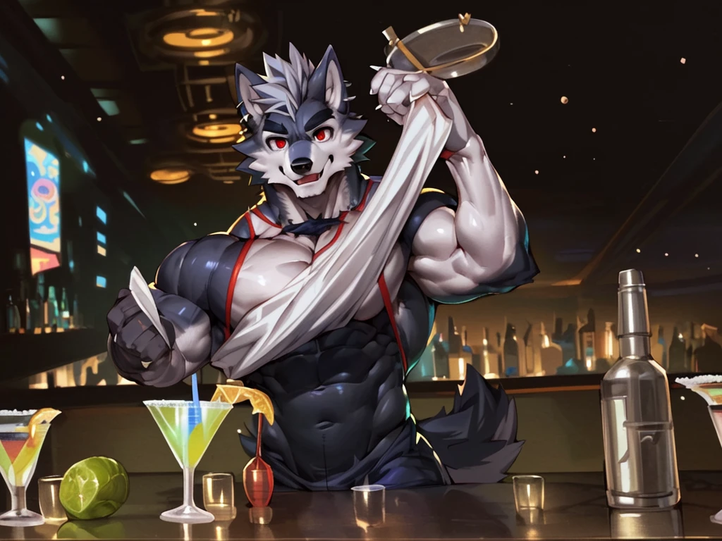 bartender making a drink at a bar , bartending, ((trending on E621, trending on Furaffinity digital media, trending on Artstation, trending on twitter , digital painting, digital media, digital paint, digital illustration, (((masterpiece))) BREAK ((by vorusuarts, by kuroma, by nullghost, by raccoon21,by rabbity,by booboo)) , BREAK ((((((anthro, anthrofield, wolf)))))) | break | handsomeface,((((((elderlyface)))))), age_up_face , (((wildface)))))))), ((((((((charming)))))))) BREAK (((((hypermuscle:1.4)))))))), (((detailed eyes,red_eyes:1.8))) | (((gray fur | finger claw | )))) | (((((((( gray hair | black eyebrow | short hair | black goatee hair | spiky_black_Ear_piercing))))))))) | BREAK (((((thick eyebrows))))) | BREAK (best quality | 8k | hi-res)) BREAK (((perfect face))) , BREAK ((((((cocktail_shaker)))))),((((((cocktail_shaking)))))),((((((nightclub_background)))) | BREAK ((Solo:1.8))