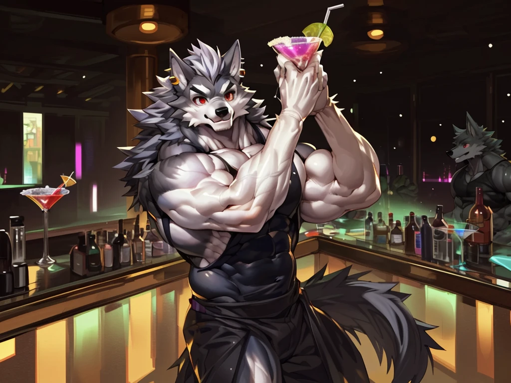 bartender making a drink at a bar , bartending, ((trending on E621, trending on Furaffinity digital media, trending on Artstation, trending on twitter , digital painting, digital media, digital paint, digital illustration, (((masterpiece))) BREAK ((by vorusuarts, by kuroma, by nullghost, by raccoon21,by rabbity,by booboo)) , BREAK ((((((anthro, anthrofield, wolf)))))) | break | handsomeface,((((((elderlyface)))))), age_up_face , (((wildface)))))))), ((((((((charming)))))))) BREAK (((((hypermuscle:1.4)))))))), (((detailed eyes,red_eyes:1.8))) | (((gray fur | finger claw | )))) | (((((((( gray hair | black eyebrow | short hair | black goatee hair | spiky_black_Ear_piercing))))))))) | BREAK (((((thick eyebrows))))) | BREAK (best quality | 8k | hi-res)) BREAK (((perfect face))) , BREAK ((((((cocktail_shaker)))))),((((((raise_arms,hand_shaking_cocktail_shaker)))))),((((((nightclub_background)))) | BREAK ((Solo:1.8))