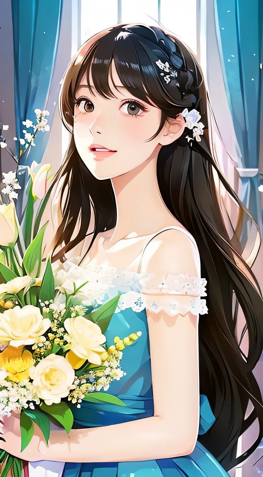 top quality picture、beautiful Girl、Beautiful illustrations、Bouquet in hand、the background is full of light、animesque、quadratic element」、