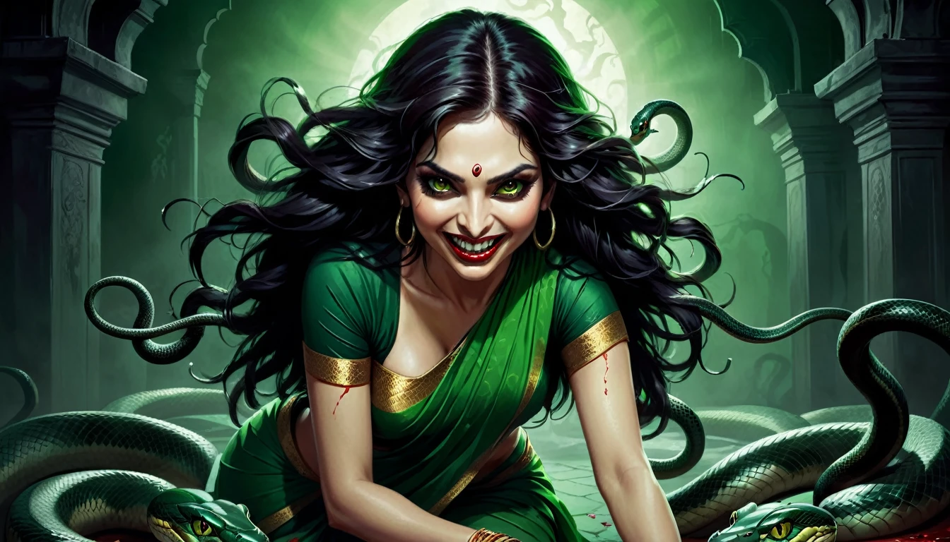 Digital illustration with a dark, eerie style. (full body) The layout features a central figure, a woman with long, disheveled black hair, snake in hair like medusa, crawling towards the viewer. Her skin is brunette, dark, and her eyes are glowing white, detailed face, brunette body, scary looks, cruel smile on face, blood on teeth, giving her a menacing appearance. She has a wide, sinister grin with sharp teeth. The woman is dressed in green sari, dark atmosphere, scary bloody ambience