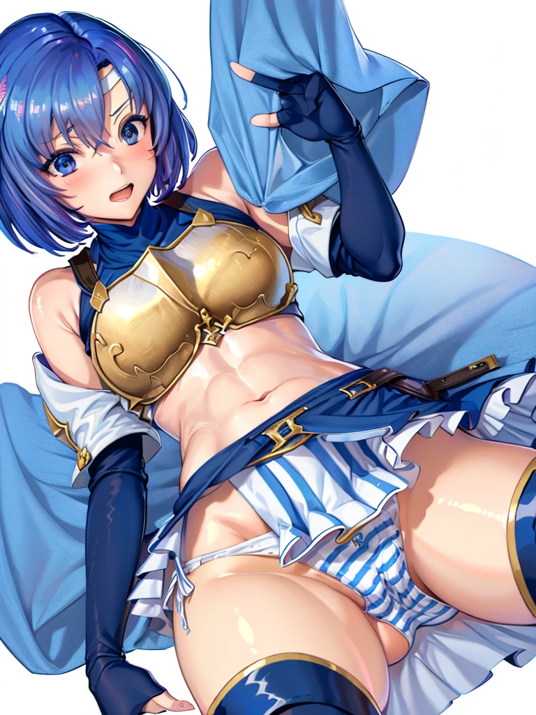 (White background:1.2),1girl,BREAK,Blue Hair, short hair, blue eyes, cute, Narrow waist, Toned Up, Large Breasts, Bare shoulders, Red neckerchief, Blue elbow gloves, Blue fingerless gloves, Pauldrons, belt, breastplate, White headband, Short dress, Dress slit, Blue tight boots, Blue long boots, Pegasus Knight Uniform (Fire emblem), blush,Open your mouth,(Her skirt is lifted up and her panties are visible,Blue and white striped panties:1.3)