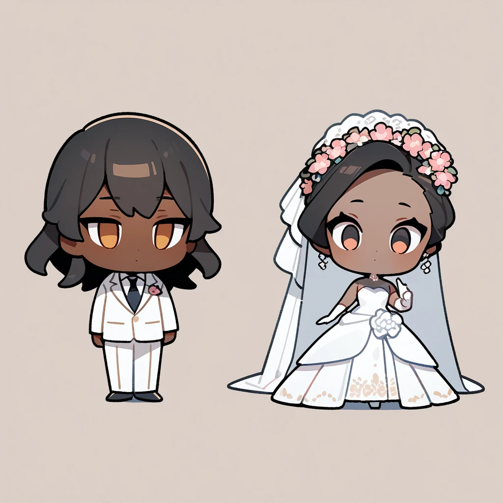chibi style,Lovely,masterpiece, best quality, 8k, Couple(One man and one woman),man(Brown skin,Indian)Suit,woman(Black Hair,Fair)Wedding dress,Clean background