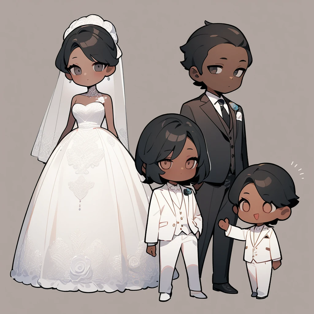 chibi style,Lovely,masterpiece, best quality, 8k, Couple(One man and one woman),man(Brown skin,Indian)Suit,woman(Black Hair,Fair)Wedding dress,Clean background