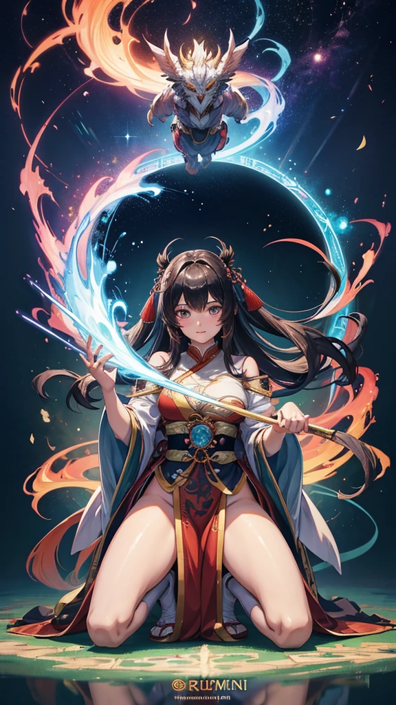 Anime woman kneeling on blanket, concept-art:Hero, Trend of CGsociety, Fantasy art, Guviz-style artwork, Guviz, Smooth anime CG art, Keqing from Genshin Impact, Ruan Jia and Artgerm, full-body xianxia, flowing magical robe