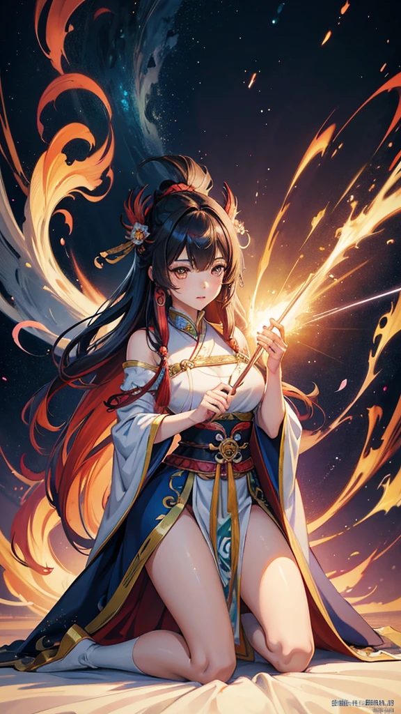 Anime woman kneeling on blanket, concept-art:Hero, Trend of CGsociety, Fantasy art, Guviz-style artwork, Guviz, Smooth anime CG art, Keqing from Genshin Impact, Ruan Jia and Artgerm, full-body xianxia, flowing magical robe