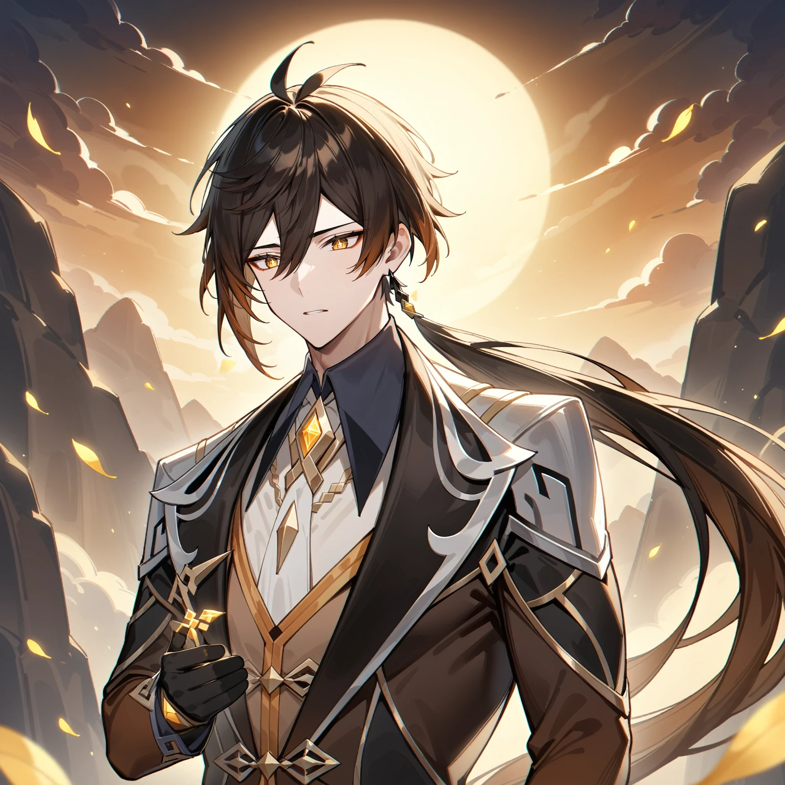 (best quality,4k,8k,highres,masterpiece:1.2),1boy, zhongli_/(archon/)_/(genshin_impact/),male focus,ultra-detailed,realistic,(dsmile:0.5) guweiz, intense gold eyes,mature_male, wide shoulders, narrow eyes, full body, by aoi nanase, cel shading, fantasy china background, liyue, mountains, gold tattoos, melancholy, osmanthus flowers,male focus,solo,long hair,bangs,jewelry,earrings,ponytail,contemplative, thoughtful, calm, serene, red eyeliner, ultra-detailed eyes, volumetric lighting, sunset, golden illumination, wise and kind god,cinematic lighting, ray tracing, UHD, high details, high quality, award winning, super detail,oil painting,fantasy