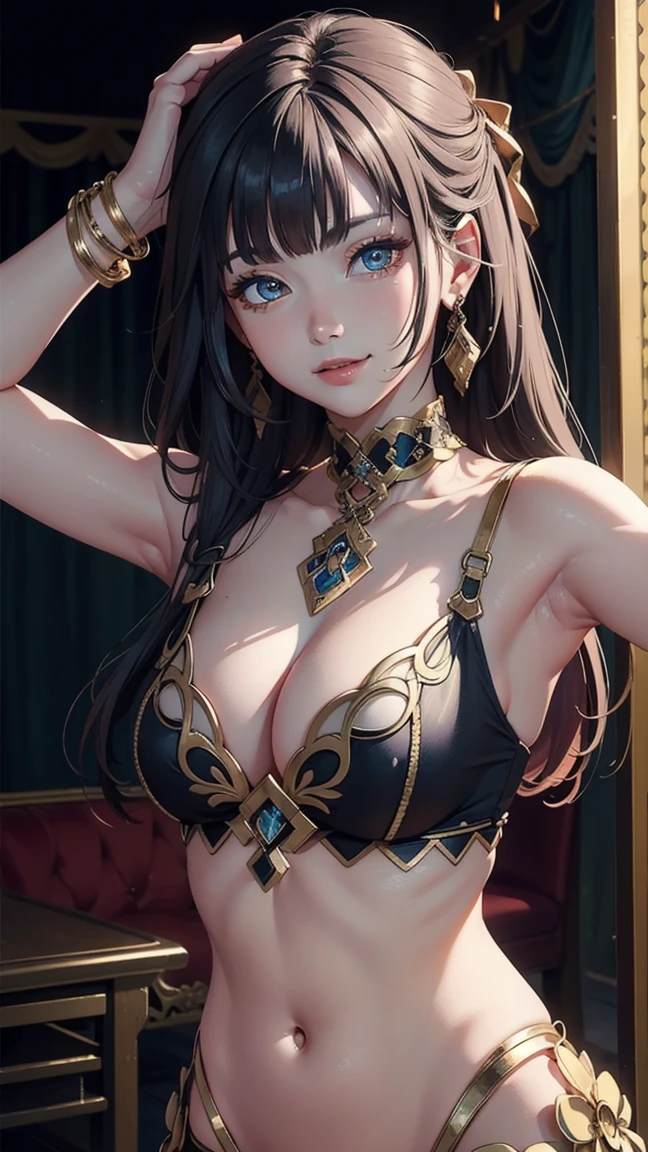 ((Masterpiece)),(Best Quality),((ultra-detailed)), (beautiful detailed face), depth of field,detailed,((beautiful detailed eyes)), big breasts, niloudef, portrait 3:4, belly dance pose, sensual, seductive. Theater stage background. smiling.