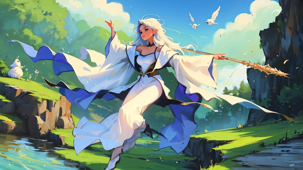 highly detailed, Enchantress casting tempest when floating above ground, arms raised, figure leaned back mountain background, focused, nice shaped large breast, Soft expression; full body, long white robe